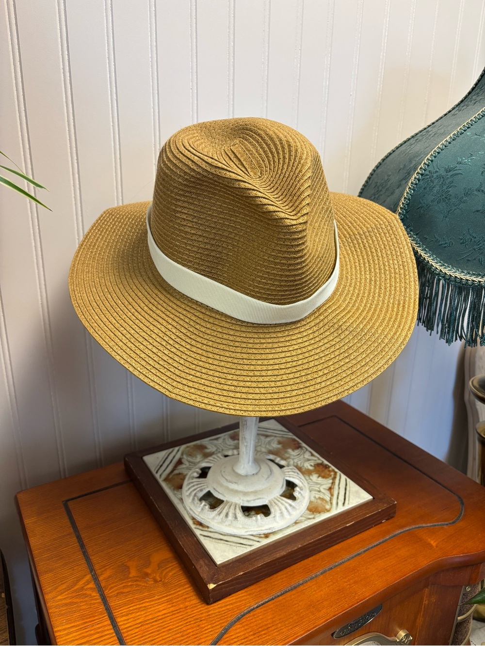 J. Crew Tan Straw Fedora with White Band